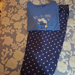 croft & barrow Blue 'Bee-U-Tiful' Pajama Top with Navy Polka Dot Pants